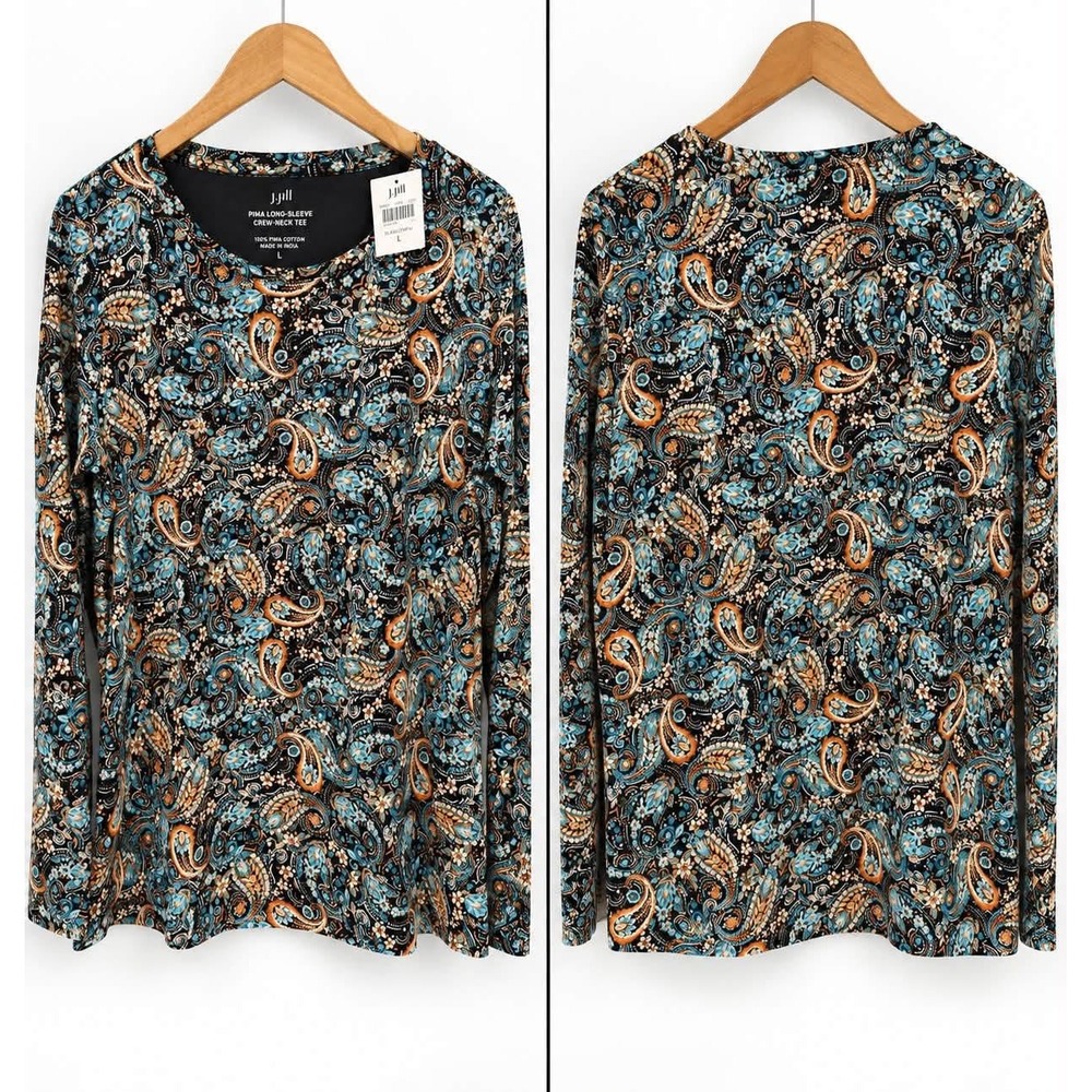 J. Jill Pima Long-Sleeve Crew-Neck Tee Paisley Floral Blue Orange Womens Large